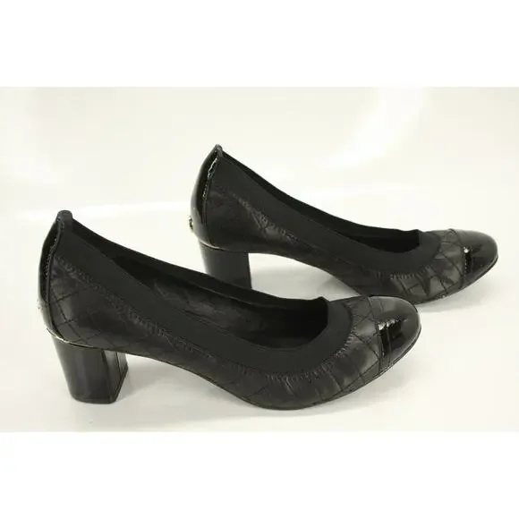 Tory Burch Black Leather Carrie Cap Toe Ballet Heels Pumps Size 7.5 Logo